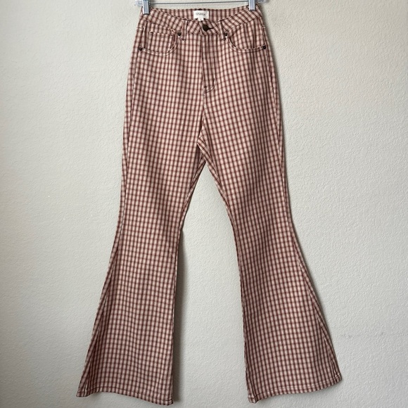 Ghanda Boho Plaid Printed Brady Flares Bell Bottom Jeans 70s Style - Picture 1 of 13